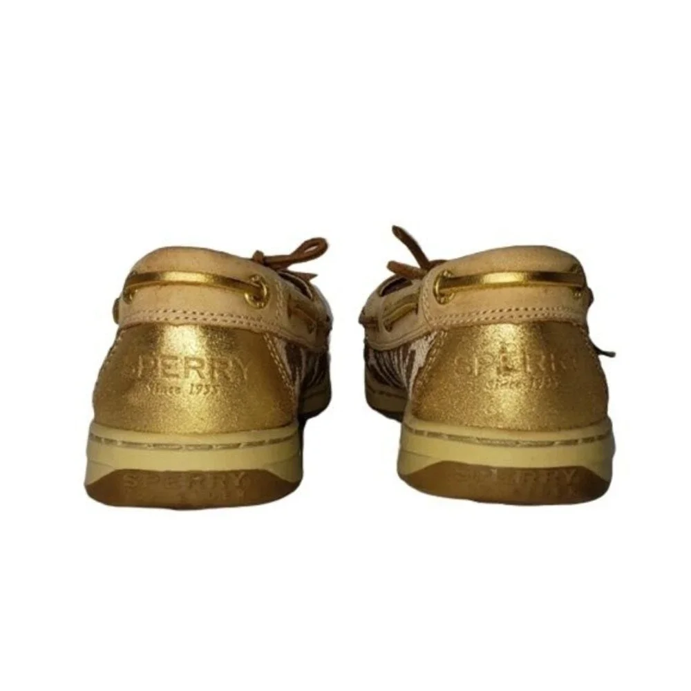SPERRY ANGELFISH LEOPARD JACQUARD SLIP-ON BOAT SHOES TOPSIDER TAN/GOLD SIZE 6.5